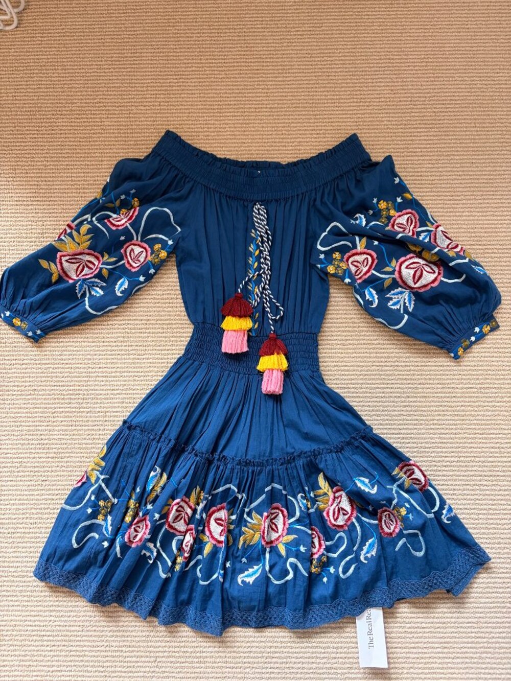 MISA Los Angeles Navy Blue Embroidered Off-Shoulder Tassel Dress XS NWT